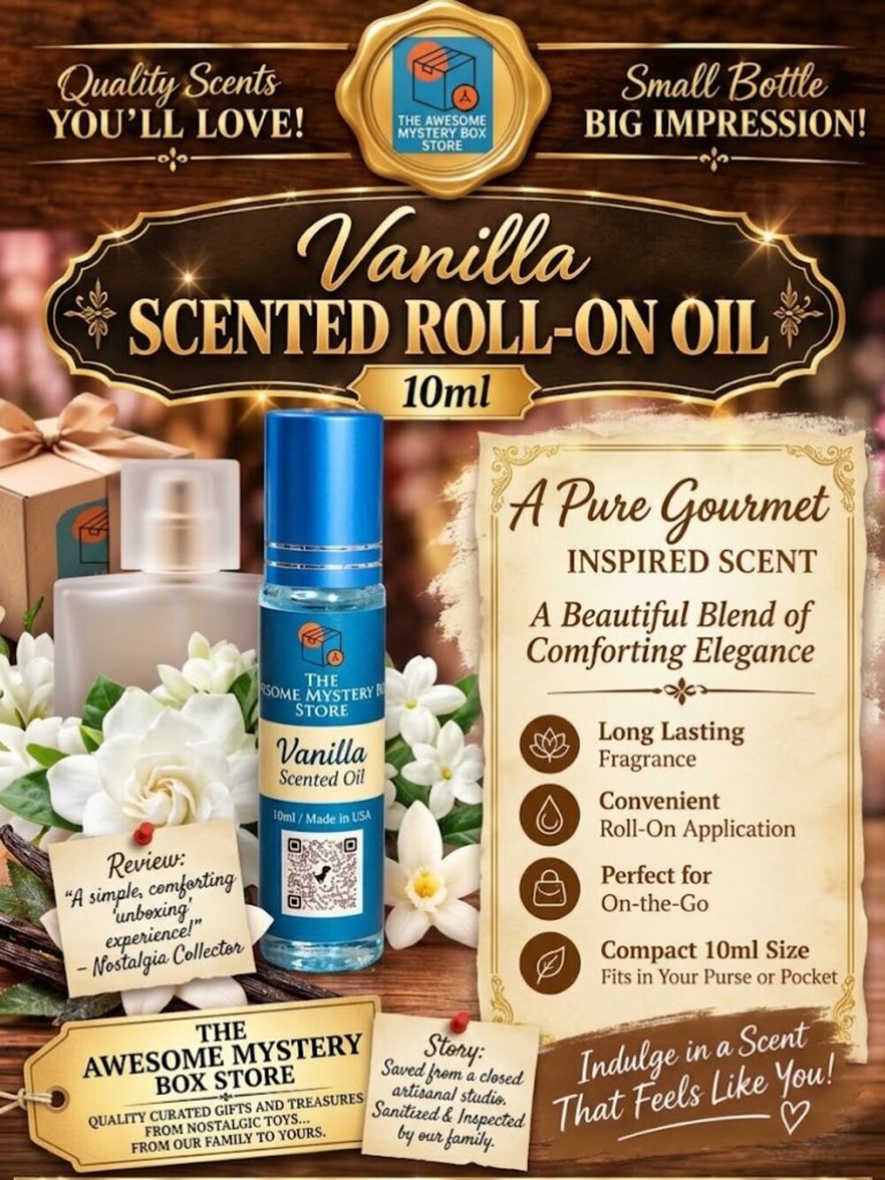 Vanilla Scented Oil Roll On 10ml Glass Bottle | Made in USA